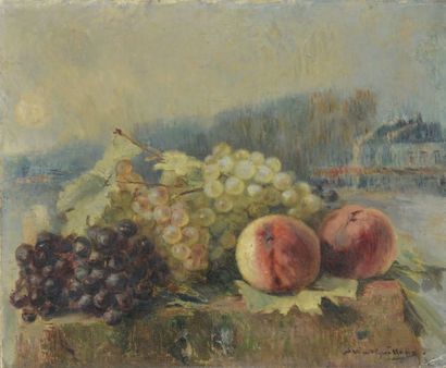 Albert GUILLOUX (1871-1852) Nature morte aux raisins et pêches Huile sur toile, signée...