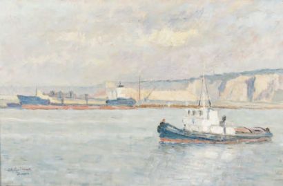 Charles GUILLOUX (1919-2004) Remorqueur au port de Dieppe Huile sur toile, signée...