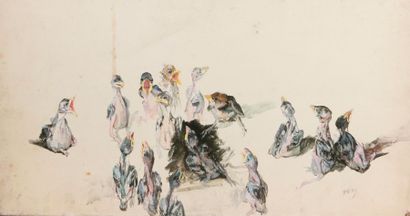 Émile Alfred MERY (1824-1896) Oisillons Encre de Chine et aquarelle, signée en bas...