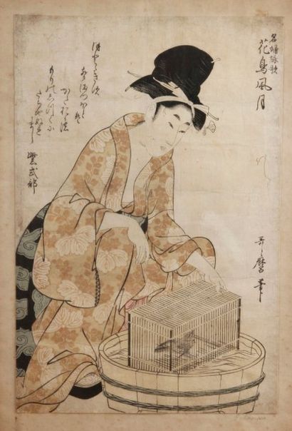UTAMARO 
UTAMARO. Estampe représentant une femme dans un large kimono tenant la cage...
