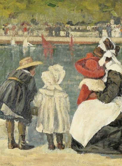 Alice DANNENBERG (1861-1949) Nourrice et enfants devant le bassin du jardin des Tuileries...