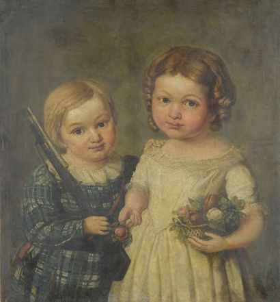 École Française du XIXe siècle Portrait de deux enfants Huile sur toile (non encadrée)....
