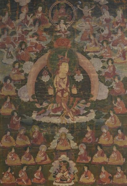 null TANKA représentant le panthéon bouddhique. Gouache sur papier marouflé sur soie....