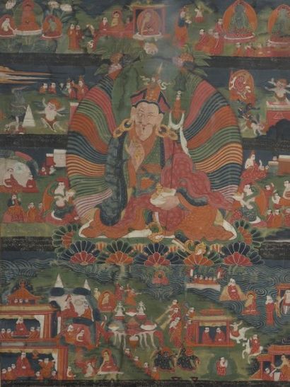 null TANKA en soie peinte représentant le panthéon bouddhique. Art sino-tibétain,...