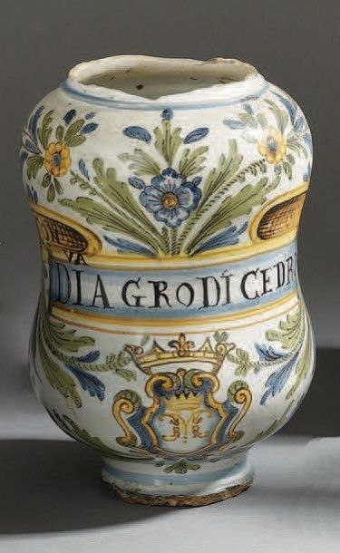 NAPLES ALBARELLO en faïence à décor polychrome d'une inscription pharmaceutique «Con...