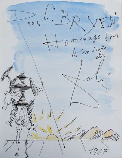 Salvador DALI (1904-1989) «Hommage à Bryen» Aquarelle, signée, dédicacée «Pour C....
