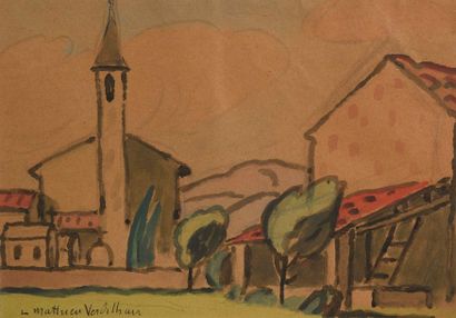 Louis-Mathieu VERDILHAN (1875-1928) Place de l'église Aquarelle, signée en bas à...