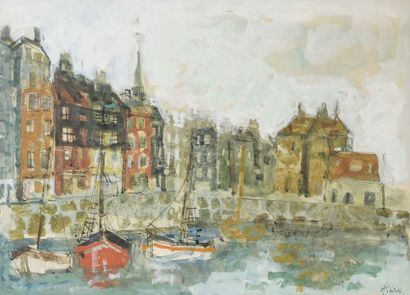 Paul AIZPIRI (né en 1919) Port d'Honfleur Grande aquarelle et rehauts de gouache,...