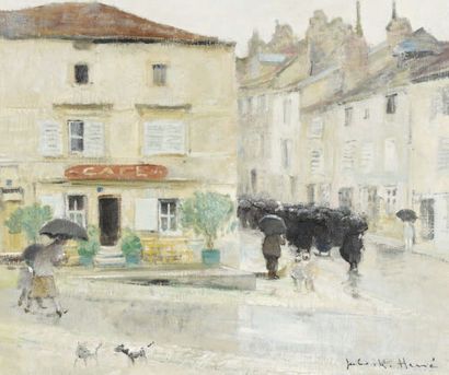 Jules René HERVÉ (1887-1981) Place de Langres sous la pluie Toile, signée en bas...