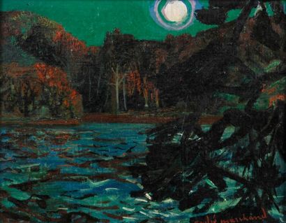 André MARCHAND (1907-1997) La Roche en Brenil (côté d'Or), l'étang Villerin, la nuit,...
