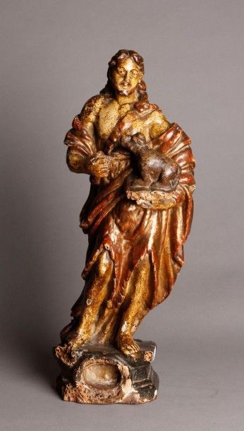 null Statuette représentant Saint Jean Baptiste en noyer sculpté doré et polychrome.
(Accidents...