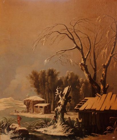 École Française du XIXe siècle 
Paysage d'hiver
Huile sur toile (non encadrée).
(Accidents).
121...