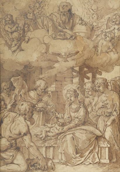 ECOLE FRANCAISE, Premier quart du XVIIe siècle La Nativité Plume, encre brune et...