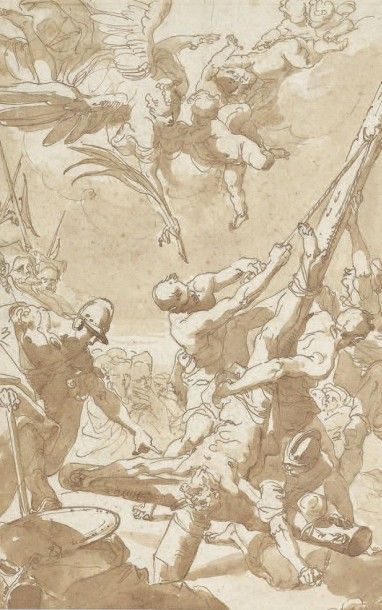 Gaetano GANDOLFI (1734-1802) Attribué à La Crucifixion de Saint Pierre Plume, encre...