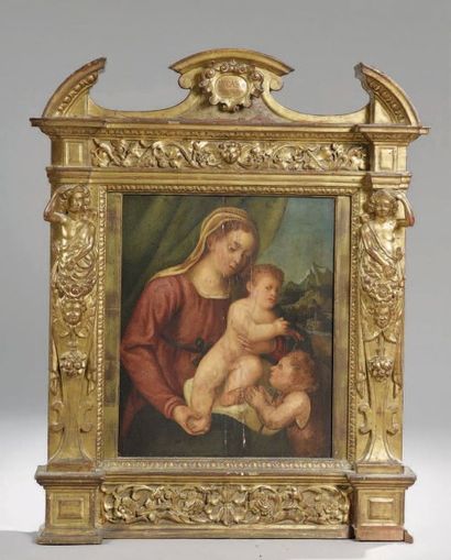 ECOLE ITALIENNE, Première Moitié du XVIe siècle La Vierge à l'enfant avec saint Jean-Baptiste...