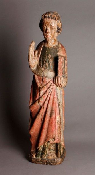 null SAINT JEAN en chêne sculpté polychrome. (Grosse fente sur le devant). XVe siècle....