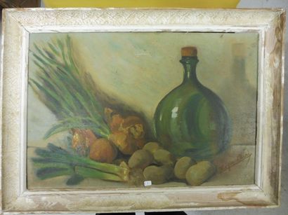 RAPIN René ‘’nature morte à la bouteille et aux légumes’’ Huile sur panneau 36,5...