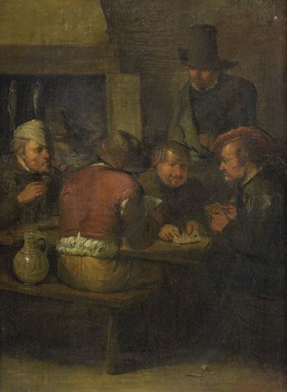 Adriaen BROUWER (1605-1638) Ecole de 
La Partie de cartes
Huile sur toile.
(Rentoilage,...