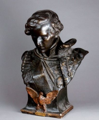 Louis OURY (XIXe siècle) 
L'Aiglon
Buste en terre cuite à patine bronze, cartouche...