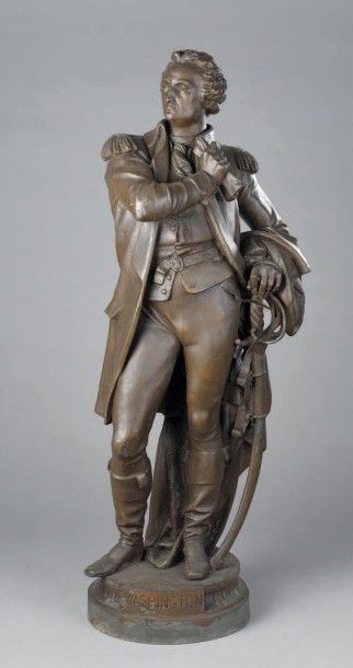 null Statue de WASHINGTON en régule à patine médaille, représenté debout déhanché,...