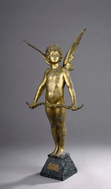 D'après Auguste MOREAU (1834-1917) 
Vici ou l'ange de l'amour
Régule à patine dorée....