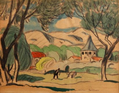 Louis-Mathieu VERDILHAN (1875-1928) 
Clocher d'église dans un paysage
Aquarelle,...