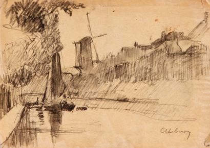 ALBERT LEBOURG (1849-1928) 
Canal avec moulin en Hollande
Dessin au crayon, signé...