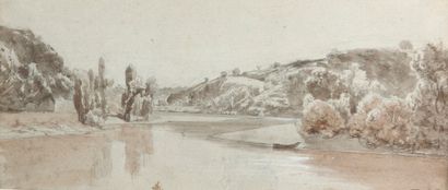 François Auguste RAVIER (1814-1895) 
Bords de rivière
Dessin au lavis, signé des...