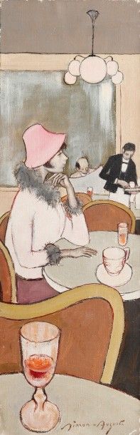 SIMON-AUGUSTE (1909-1987) 
Jeune femme au café
Huile sur toile, signée en bas à gauche.
(Griffures...