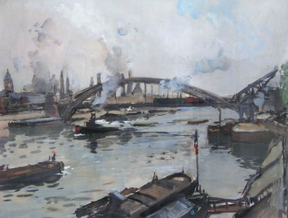 DELPY LUCIEN VICTOR (1909-1993) Vapeurs à Paris. Gouache, signée en bas à gauche...