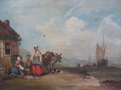 LAMBERT A. Famille de pêcheurs. Huile sur toile, signée en bas à droite. 27x35cm