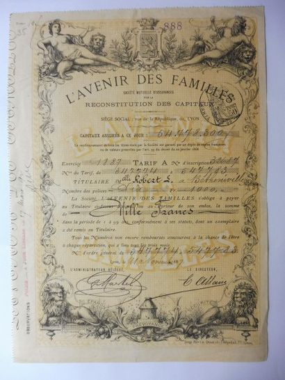 null L’AVENIR DES FAMILLES contrat d’assurance illustrations personnages lion et...