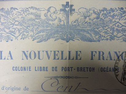 null LA NOUVELLE FRANCE Colonie libre de PORT BRETON (Océanie) titre de 100 hectares...