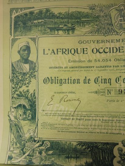 null L’AFRIQUE OCCIDENTALE FRANCAISE obligation N° 93277 datée de 1905 illustrée...