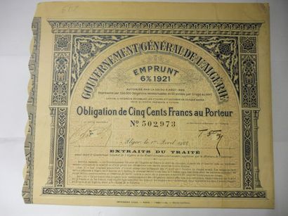 null GOUVERNEMENT GENERAL DE L’ALGERIE obligation N° 502973 emprunt de 1921 ; décor...