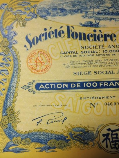 null SOCIETE FONCIERE SAIGONNAISE action N° 46099 sur 100.000 datée 1928-1929 ; décor...