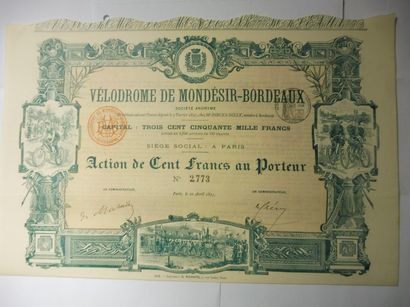 null VELODROME DE MONDESIR -BORDEAUX action N° 2773 sur 3500 datée 1895 ; illustration...