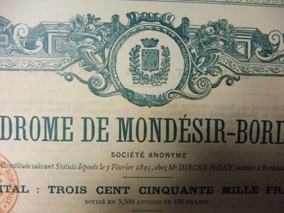 null VELODROME DE MONDESIR -BORDEAUX action N° 2773 sur 3500 datée 1895 ; illustration...