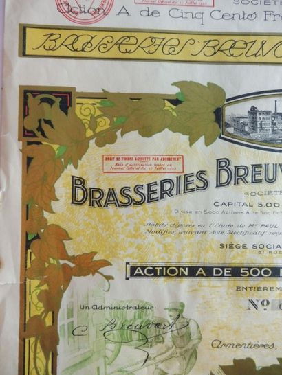 null BRASSERIE BREUVART D’ARMENTIERES action A N° 4638 sur 5000 datée 1923 décor...