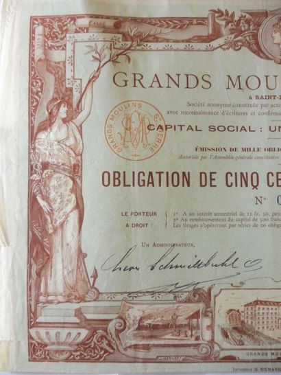 null GRANDS MOULINS ST PIERRE obligation N° 282 sur 1000 datée 1892 illustration...