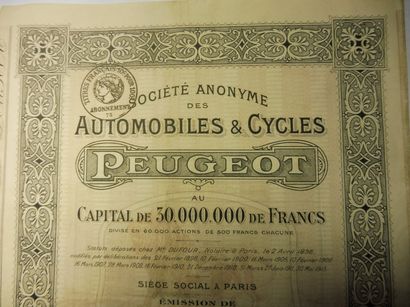 null AUTOMOBILES ET CYCLES PEUGEOT obligation 69925 sur 60.000 datée 1921 décor de...