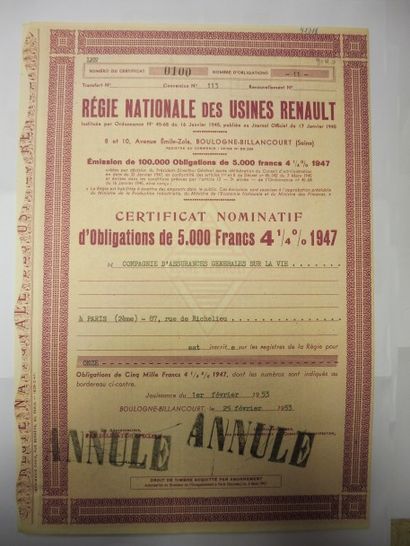 null REGIE NATIONALE DES USINES RENAULT 3 certificats nominatifs : orange 1945, violet...