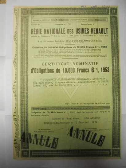 null REGIE NATIONALE DES USINES RENAULT 3 certificats nominatifs : orange 1945, violet...