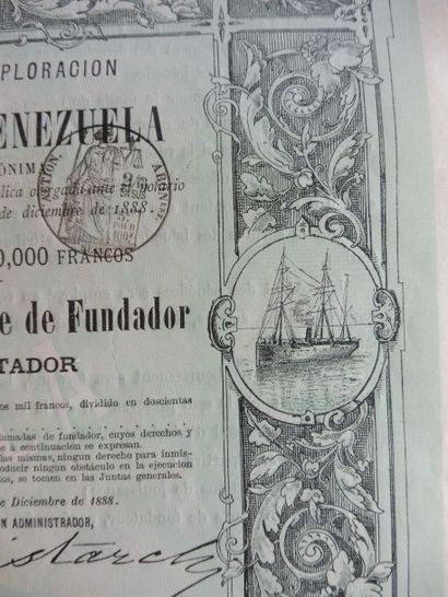 null MINES DU VENEZUELA, part de fondateur N°3214 sur 100.000, datée de 1888, décor...