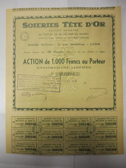 null SOIERIES TETE D’OR 2 actions N° 104 sur 4000 et 6116 sur 16.000 datée 1922 et...