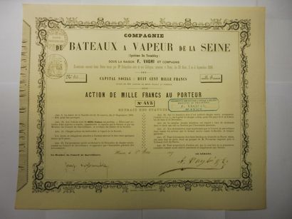 null COMPAGNIE DE BATEAUX A VAPEUR DE LA SEINE action N° 413 sur 800 datée de 1856...