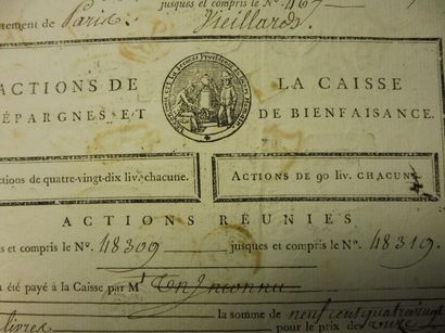 null CAISSE D’EPARGNE ET DE BIENFAISANCE action de 90 livres chacune N° 48309 à 48319...