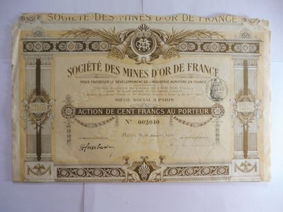 null SOCIETE DES MINES D’OR DE France ; action N° 2040 sur 15.000, datée de 1910,...