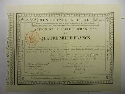 null MUNIFICENCE IMPERIALE action de la Société d’HANOVRE N° 383 en date de 1813...