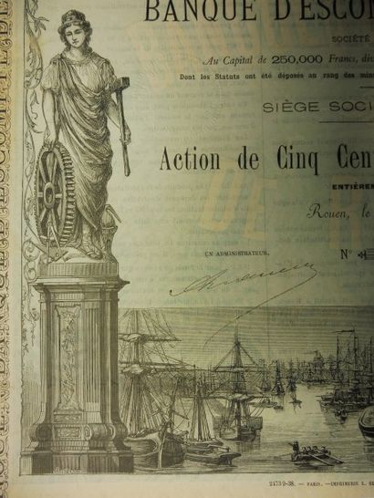 null BANQUE D’ESCOMPTE DE ROUEN action N° 352 sur 500 datée 1883 illustration vue...